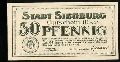 Notgeld Siegburg 1921, 50 Pfennig, Ortsansicht