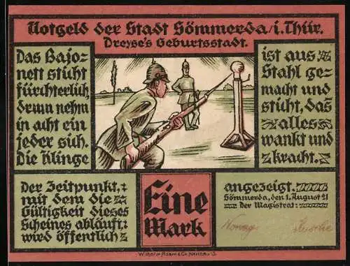 Notgeld Sömmerda i. Thür. 1921, 1 Mark, Nikolaus von Dreyse, Ch. G. Salzmann