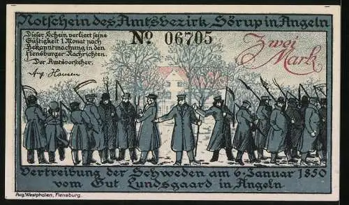 Notgeld Sörup i. Angeln, 2 Mark, Vertreibung der Schweden 1850