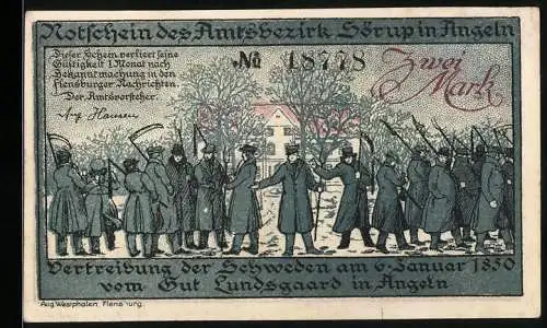 Notgeld Sörup i. Angeln, 2 Mark, Vertreibung der Schweden 1850