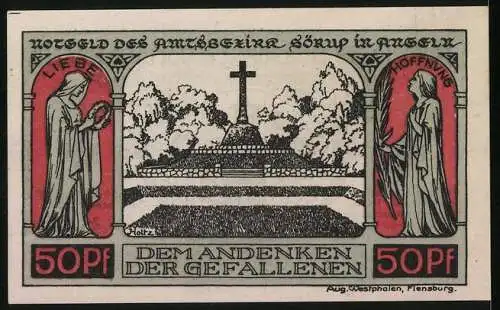 Notgeld Sörup i. Angeln 1920, 50 Pfennig, Kriegerdenkmal, Wappen