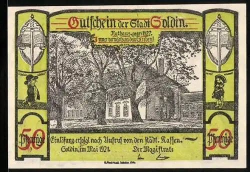 Notgeld Soldin 1921, 50 Pfennig, Rathaus, Wappen