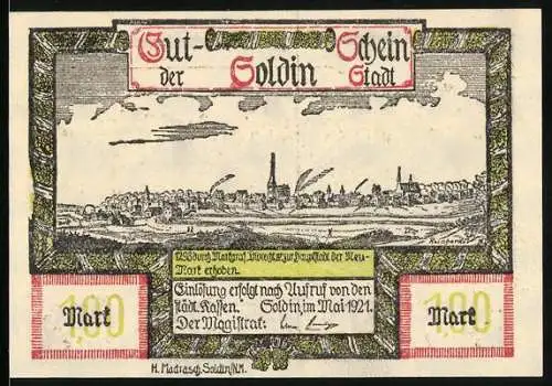 Notgeld Soldin 1921, 1 Mark, Ortsansicht, Ehemalige Burg a. d. Domweinberg