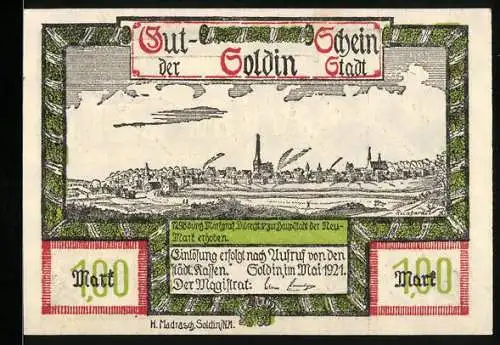 Notgeld Soldin 1921, 1 Mark, Ortsansicht, Ehemalige Burg a. d. Domweinberg