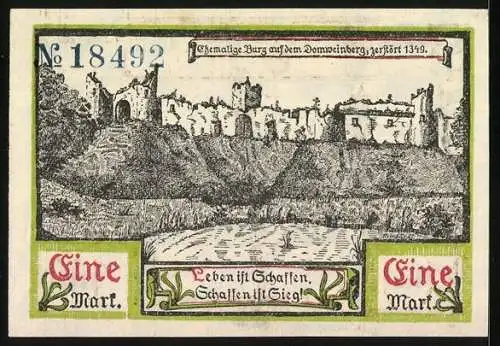 Notgeld Soldin 1921, 1 Mark, Ortsansicht, Ehemalige Burg a. d. Domweinberg