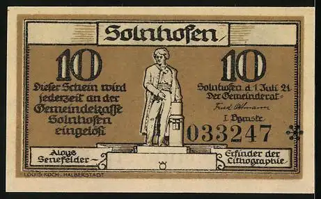 Notgeld Solnhofen 1921, 10 Pfennig, Sola-Gruft, Aloys Senefelder