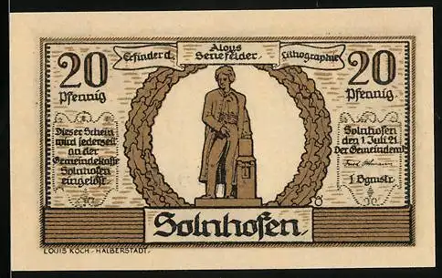 Notgeld Solnhofen 1921, 20 Pfennig, Aloys Senefelder, Bodenplatten-Industrie