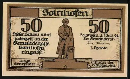 Notgeld Solnhofen 1921, 50 Pfennig, Bodenplatten-Industrie, Aloys Senefelder