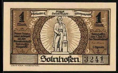 Notgeld Solnhofen 1921, 1 Mark, Aloys Senefelder, Sola-Gruft