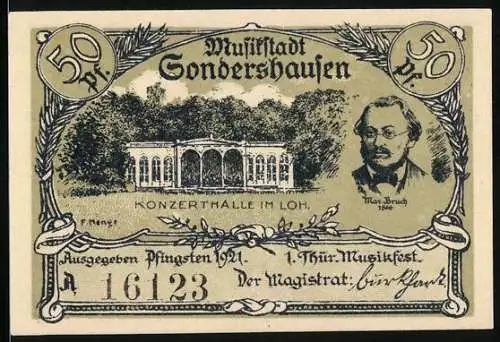 Notgeld Sondershausen 1921, 50 Pfennig, Konzerthalle im Loh, Max Bruch