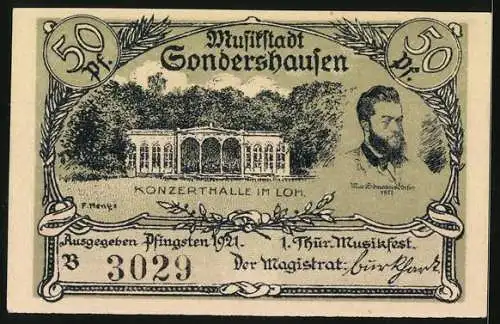 Notgeld Sondershausen 1921, 50 Pfennig, Konzerthalle im Loh, Max Erdmannsdörfer