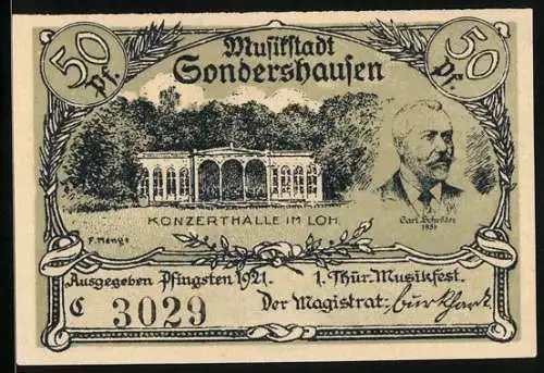 Notgeld Sondershausen 1921, 50 Pfennig, Konzerthalle im Loh, Carl Schröder