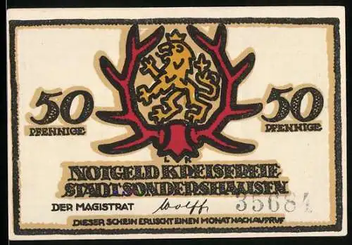 Notgeld Sondershausen, 50 Pfennig, Wappen, Püsterich