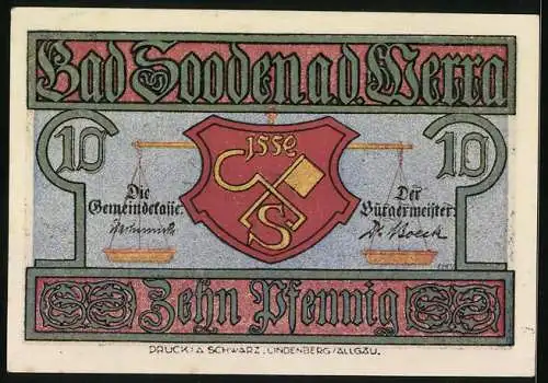 Notgeld Bad Sooden a. d. Werra, 10 Pfennig, Ortspartie, Wappen