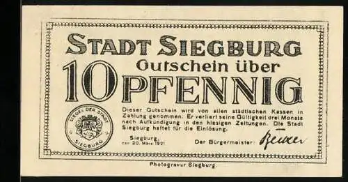 Notgeld Siegburg 1921, 10 Pfennig, Wappen