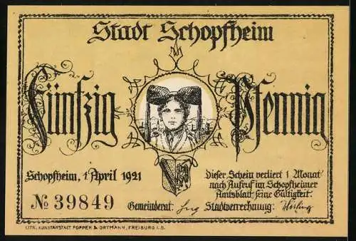 Notgeld Schopfheim 1921, 50 Pfennig, Häfnet-Jungfrau