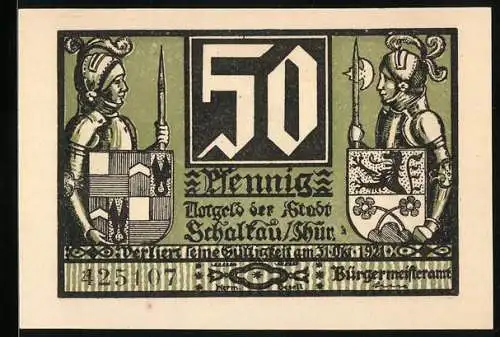 Notgeld Schalkau /Thür. 1921, 50 Pfennig, Wappen, Burg