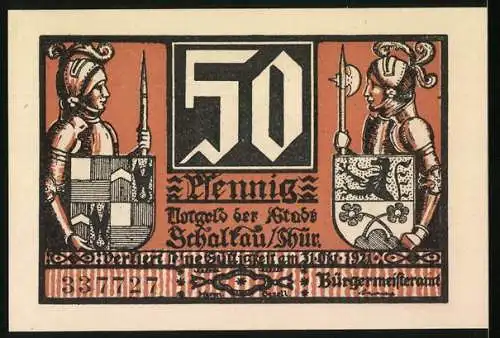 Notgeld Schalkau /Thür. 1921, 50 Pfennig, Ritter, Wappen