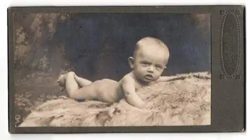 Fotografie J. Espig, Hainichen, Gerichtsstr. 16, Niedliches nacktes Baby mit verwirrtem Blick auf einem Fell