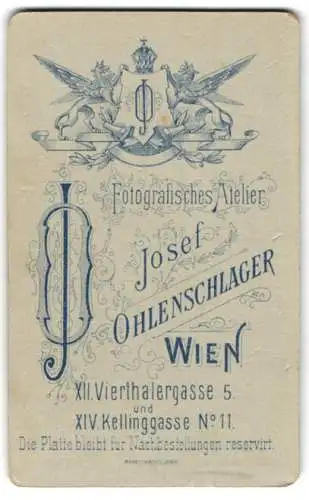 Fotografie Josef Ohlenschlager, Wien, Vierthalergasse 5, königliches Wappen mit Monogramm des Fotografen