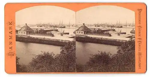 Stereo-Fotografie P. Fangel, Middelfart, Ansicht Kopenhagen, Teilansicht des Hafens mit Dampfern u. Schiffen