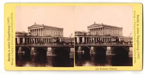 Stereo-Fotografie Artist.-phot. Gesellschaft, Berlin, Ansicht Berlin, Kutschen überqueren die Brücke zur Nationalgalerie