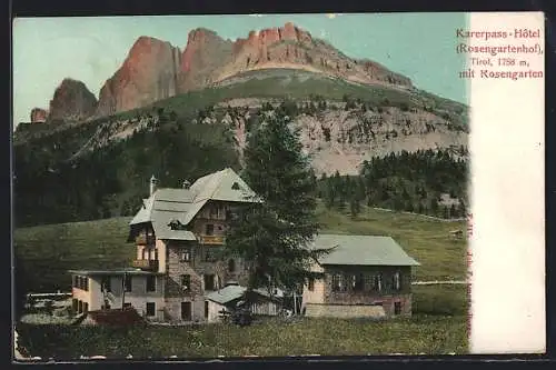 AK Karerpass, Karerpass-Hotel (Rosengartenhof) mit Rosengarten