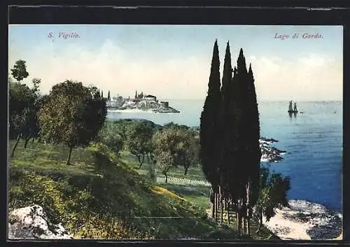 AK Punta San Vigilio /Lago di Garda, Uferpartie mit Zypressen