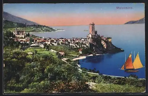 AK Malcesine, Ortsansicht mit Burg bei Dämmerung