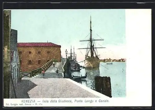 AK Venezia, Isola della Giudecca, Ponte Lungo e Canale, Segelschiff im Hafen