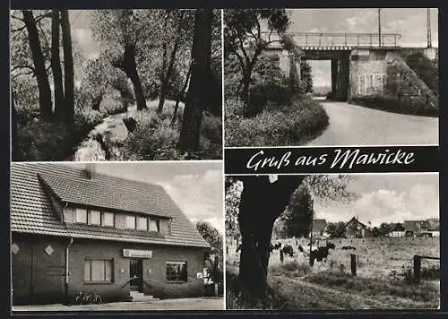 AK Werl /Mawicke, Strassenpartie mit Brücke, Bach und Gasthaus