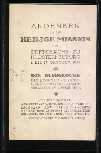 AK Klosterneuburg, Heilige Mission 1921, Die Bussglocke in der Stiftskirche