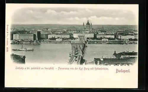 AK Budapest, Kgl. Burg mit Kettenbrücke, Látkép a kir. palotálól es lánczhid, Dampfer