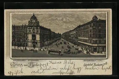 Lithographie Budapest, Andrassy-Strasse mit Strassenbahn