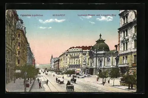 AK Budapest, Lustspiel-Theater und Leopolds-Ring aus der Vogelschau