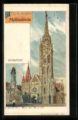 Lithographie Budapest, Ansicht der Mathiaskirche