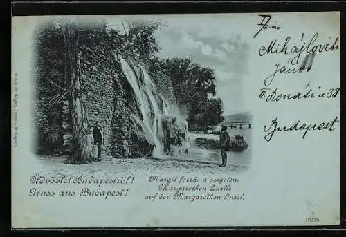 Mondschein-AK Budapest, Margarethen-Quelle auf der Margarethen-Insel