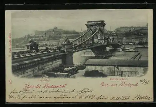 Mondschein-AK Budapest, Blick auf die Kettenbrücke