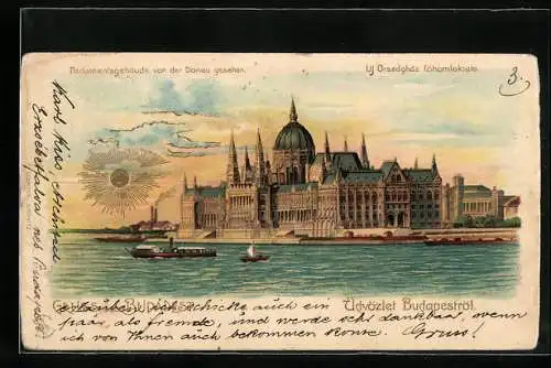 Lithographie Budapest, Parlamentsgebäude von der Donau aus gesehen