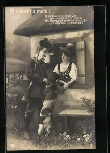 Foto-AK EAS Nr. 1889 /2: Ein Jäger mit seinem Hund bei einer Bäuerin