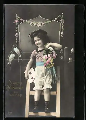 Foto-AK EAS Nr. 1003: Junges Mädchen mit Blumen und einem Brief, daneben zwei Schwalben