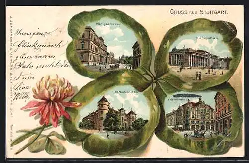 Passepartout-Lithographie Stuttgart, Altes Schloss, Königsstrasse, Friedrichsbau, Kleeblatt