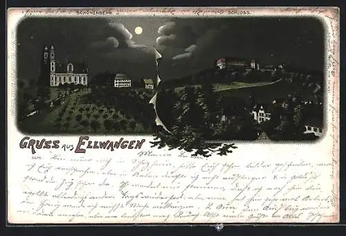 Lithographie Ellwangen, Schönenberg und Schloss