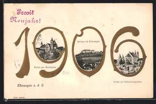 AK Ellwangen a. d. J., Marktplatz, Schloss, Sebastiansgraben, Jahreszahl 1906