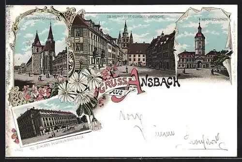 Lithographie Ansbach, St. Johanniskirche, Kgl. Schloss, Regierungsgebäude, Markt