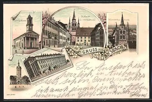Lithographie Ansbach, Ludwigskirche, Ob. Markt, St. Cumbertus Kirche, Regierungsgebäude, Herrieder Tor