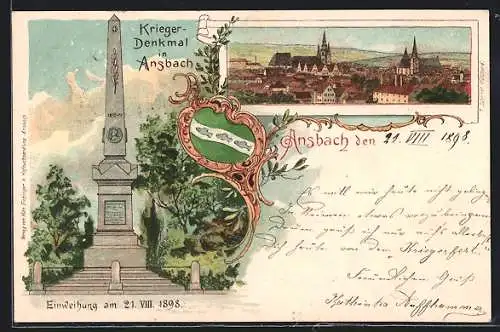 Lithographie Ansbach / Bayern, Kriegerdenkmal, eingeweiht am 21.8.1898, Teilansicht mit Kirche