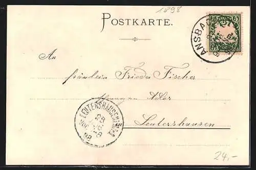 Lithographie Ansbach / Bayern, Kriegerdenkmal, eingeweiht am 21.8.1898, Teilansicht mit Kirche