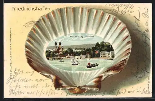 Passepartout-Lithographie Friedrichshafen, Ansicht vom Kgl. Schloss auf einer Muschel