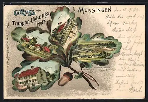 Passepartout-Lithographie Münsingen, Truppenübungsplatz, Cantine, Casino, Ludwigshöhe, Ansichten im Eichenblatt